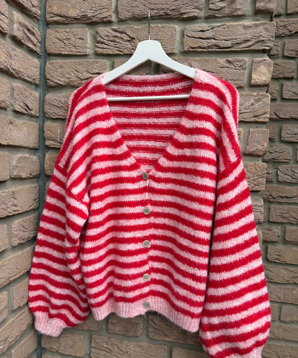 Gestreifte Strickjacke | rot rosa