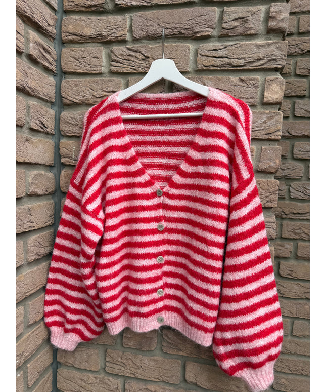 Gestreifte Strickjacke | rot rosa