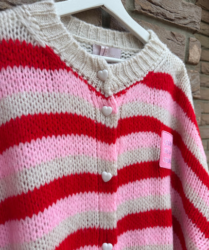Gestreifte Oversize Strickjacke Creme de la Creme | rot rosa