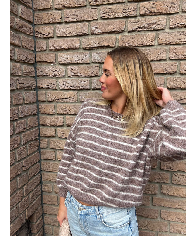 Kurzer Strickpullover mit Streifen | braun