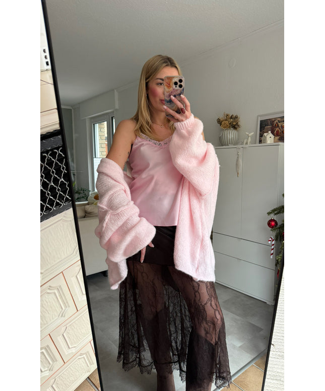 SATIN TOP MIT SPITZE | rosa