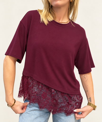 T-Shirt Asymmetrisch mit Spitze | Bordeaux
