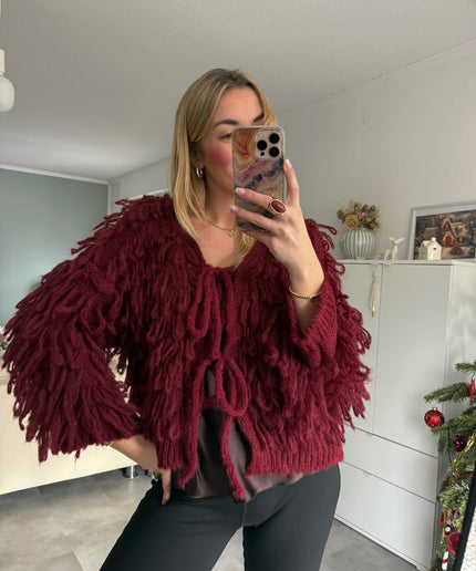 Strickjacke mit Fransen & Schleifen | bordeaux