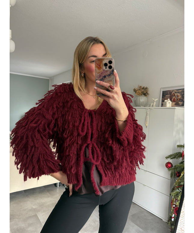 Strickjacke mit Fransen & Schleifen | bordeaux