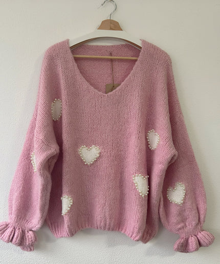 Pullover mit Herzmuster & Perlen
