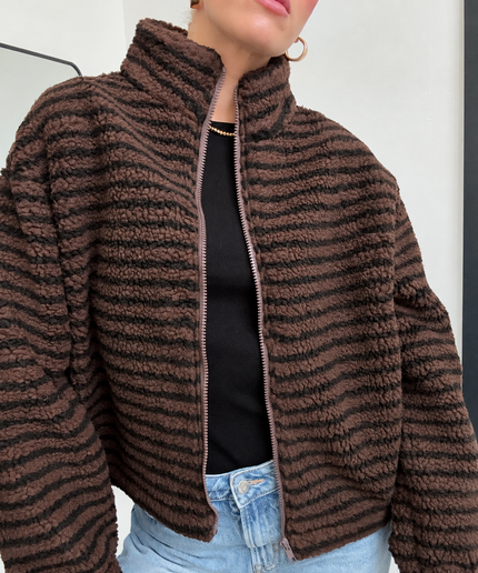 Gestreifte Teddyjacke mit Reißverschluss | Dunkelbraun/Schwarz