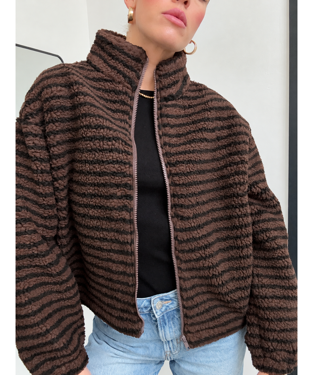 Gestreifte Teddyjacke mit Reißverschluss | Dunkelbraun/Schwarz