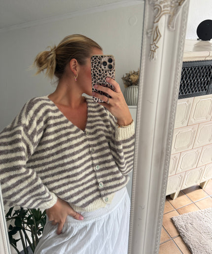Gestreifte Strickjacke | taupe weiß