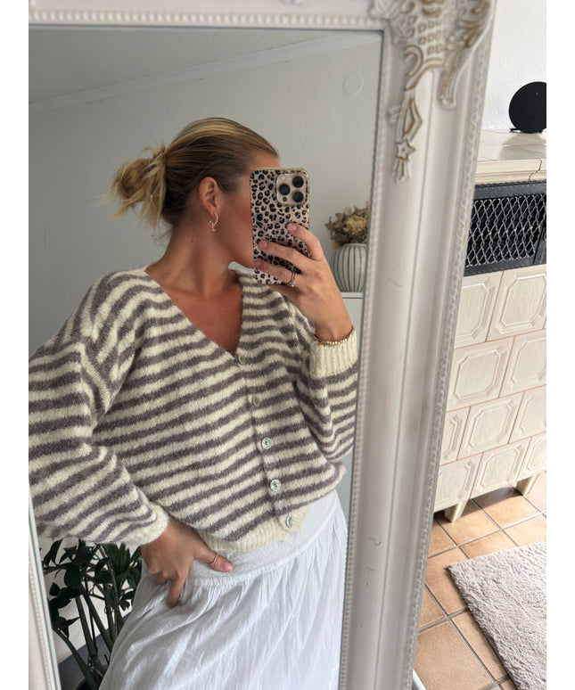 Gestreifte Strickjacke | taupe weiß