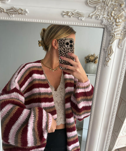 Gestreifte Strickjacke TINA | bordeaux braun rosa