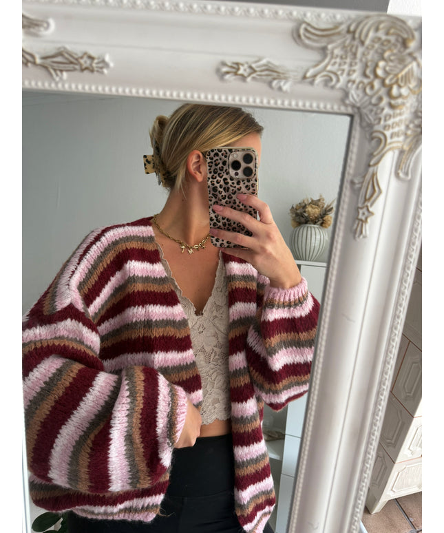Gestreifte Strickjacke TINA | bordeaux braun rosa