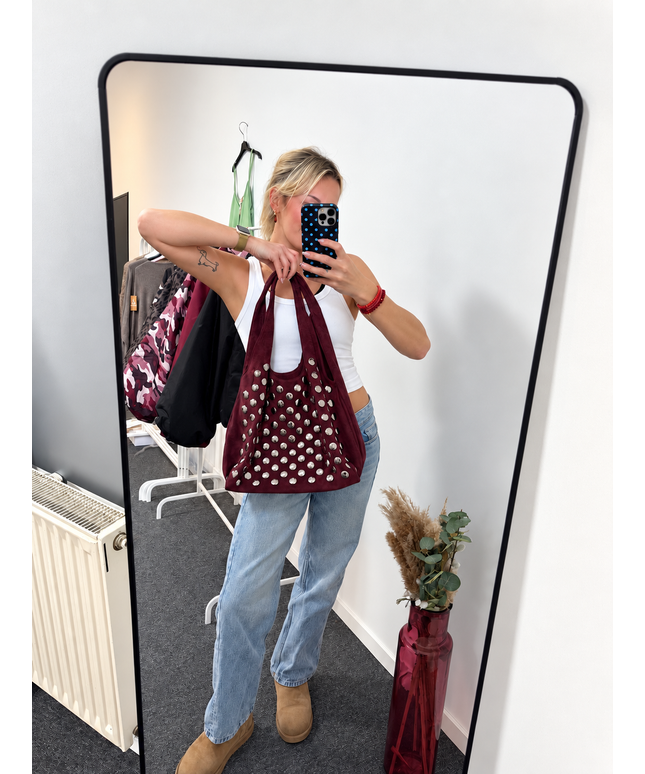 Kelly Shopper Tasche Hobo Bag in Wildleder-Optik mit Nieten | Bordeaux