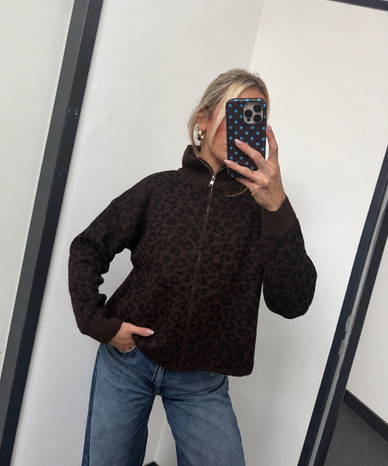 Leo Strickjacke mit Zipper | dunkelbraun schwarz