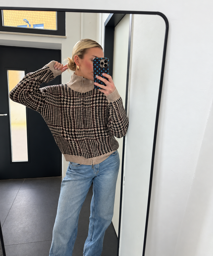 Zip Hahnentritt Strickjacke mit Stehkragen