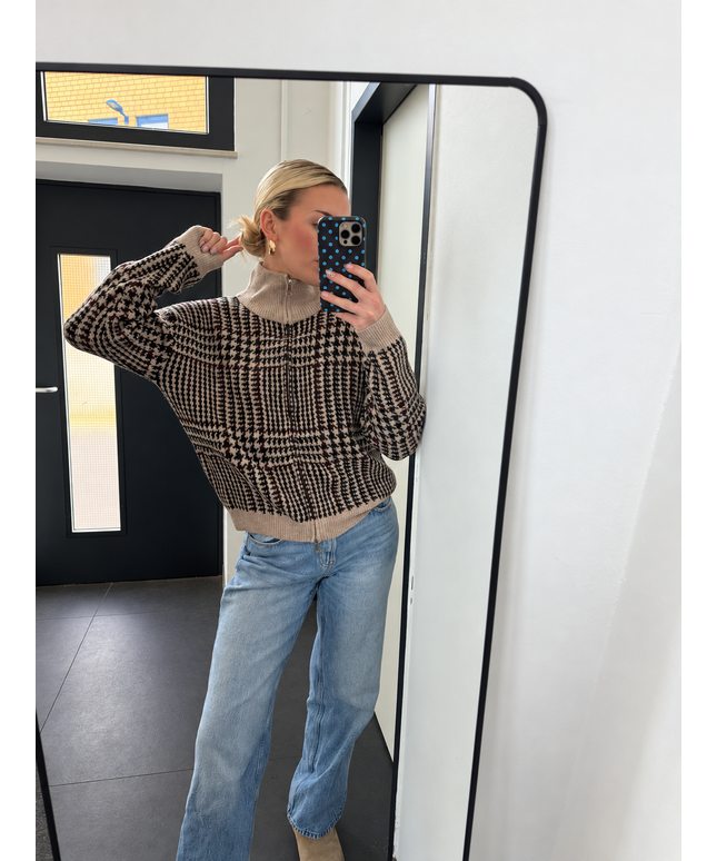 Zip Hahnentritt Strickjacke mit Stehkragen