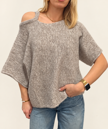 Kurzärmeliger Pullover mit schulterfreiem Schnitt | Taupe