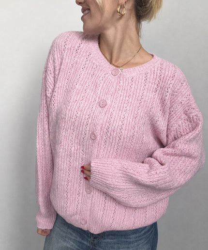 Oversize-Strickjacke mit Lochstrickmuster und Knöpfen | Rosa