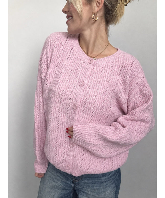 Oversize-Strickjacke mit Lochstrickmuster und Knöpfen | Rosa