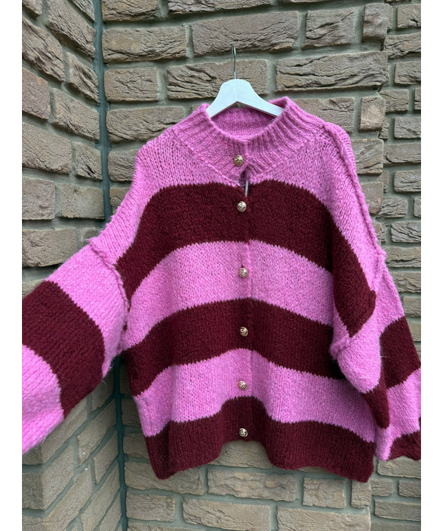 Oversize Strickjacke mit goldenen Knöpfen | gestreift | bordeaux