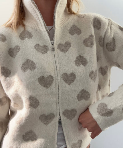 Strickjacke mit Zipper und Herzen | taupe weiß