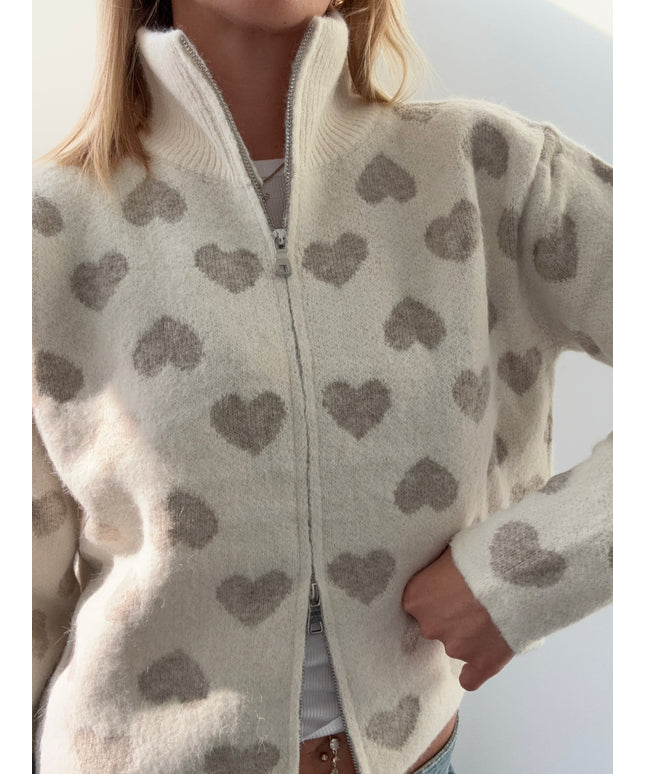 Strickjacke mit Zipper und Herzen | taupe weiß