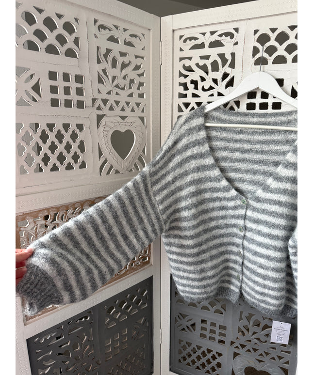 Gestreifte Strickjacke | grau