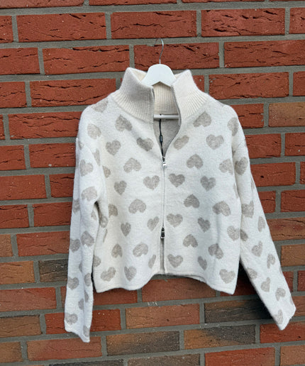 Strickjacke mit Zipper und Herzen | taupe weiß