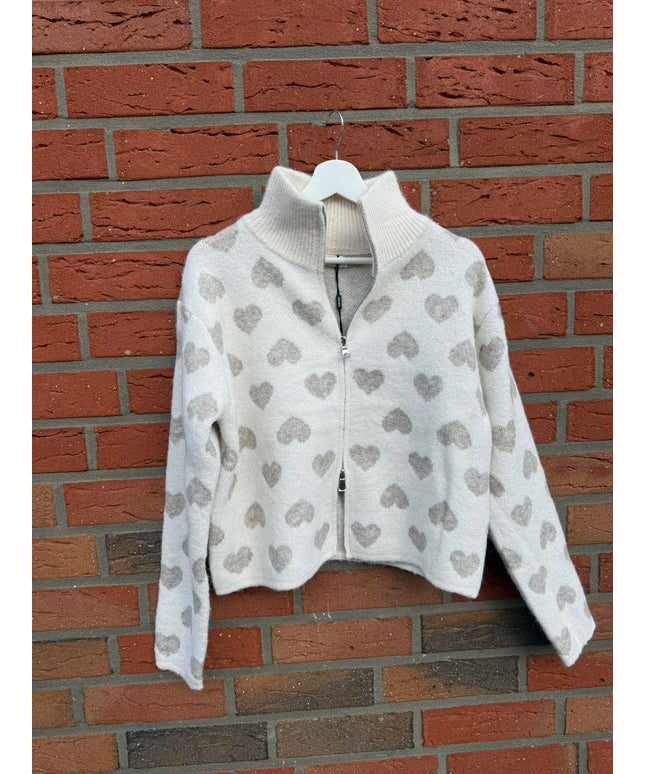 Strickjacke mit Zipper und Herzen | taupe weiß