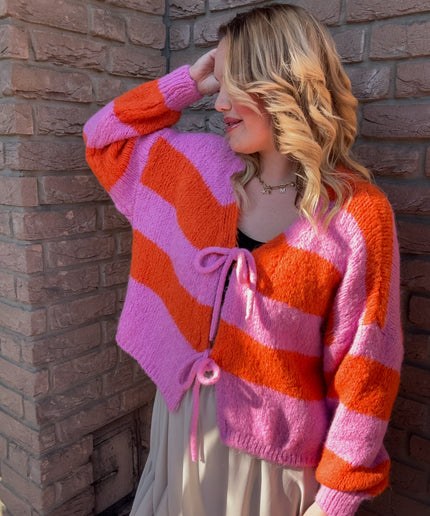 Strickjacke mit Schleifen und Streifen | KALI | rosa orange