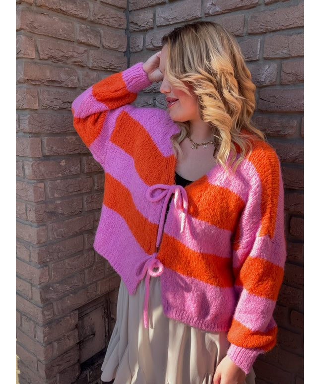 Strickjacke mit Schleifen und Streifen | KALI | rosa orange