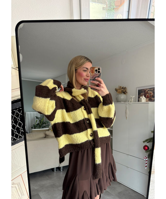 Oversize Strickjacke gestreift mit Schal | braun gelb