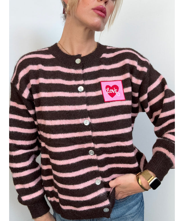 Gestreifte Strickjacke mit offenem Rücken und Love Patch