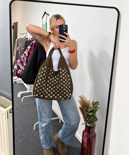 Kelly Shopper Tasche Hobo Bag in Wildleder-Optik mit Nieten | Khaki