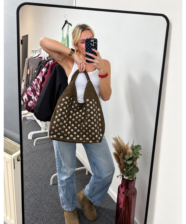 Kelly Shopper Tasche Hobo Bag in Wildleder-Optik mit Nieten | Khaki