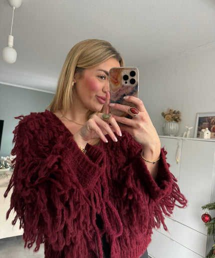 Strickjacke mit Fransen & Schleifen | bordeaux
