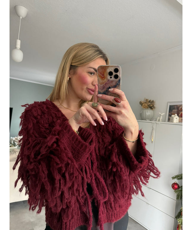 Strickjacke mit Fransen & Schleifen | bordeaux