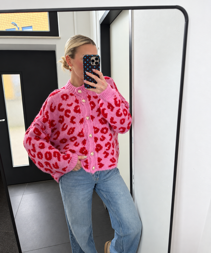 Oversize Leo Strickjacke mit goldenen Knöpfen | Rosa/Pink