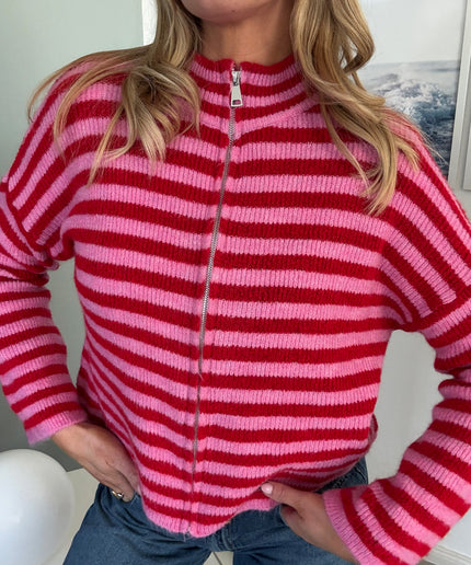 STRIPED FULL ZIP CARDIGAN | Modell Stella | rot/pink