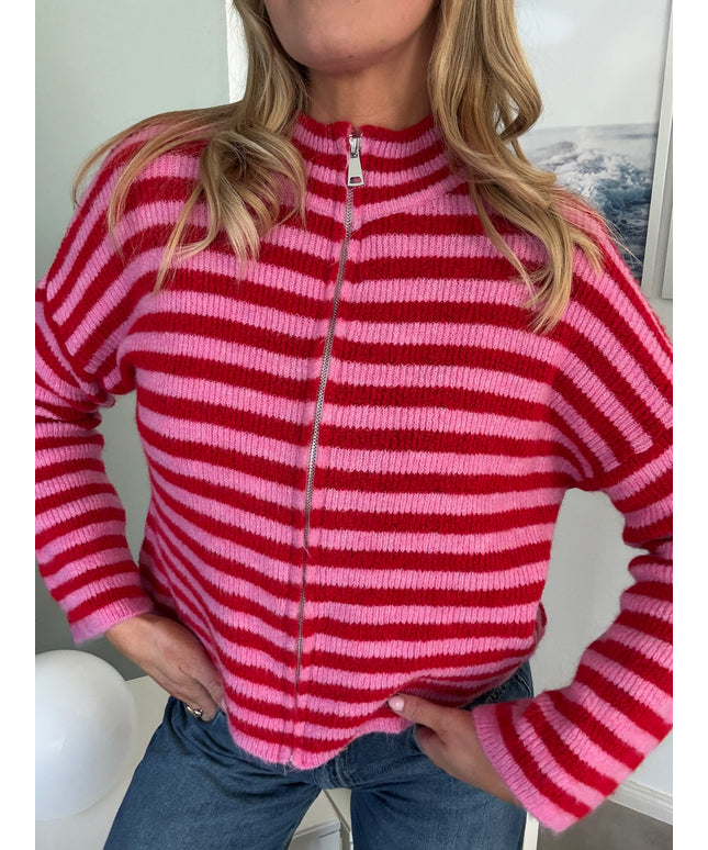 STRIPED FULL ZIP CARDIGAN | Modell Stella | rot/pink