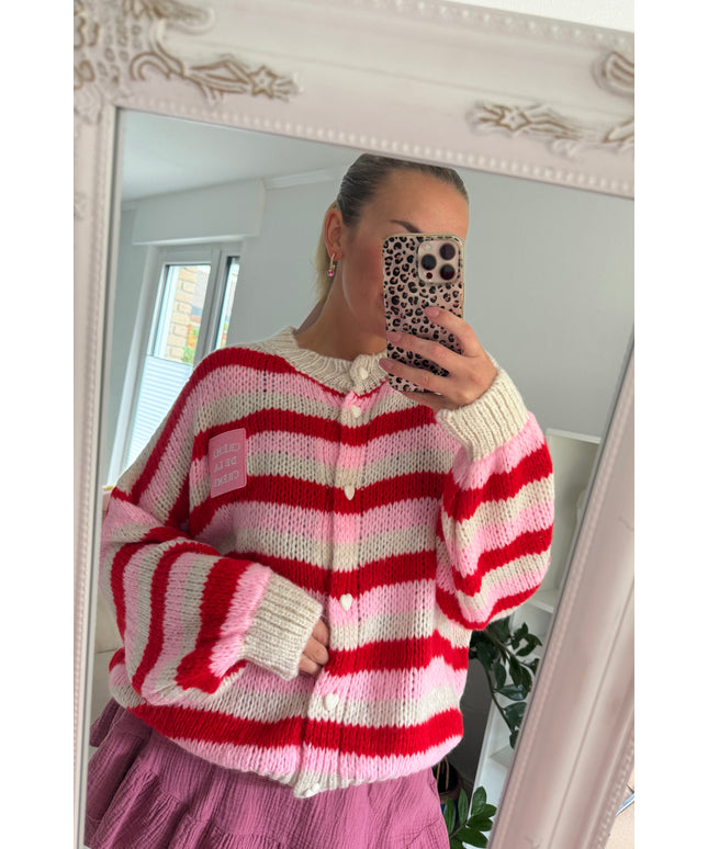 Gestreifte Oversize Strickjacke Creme de la Creme | rot rosa