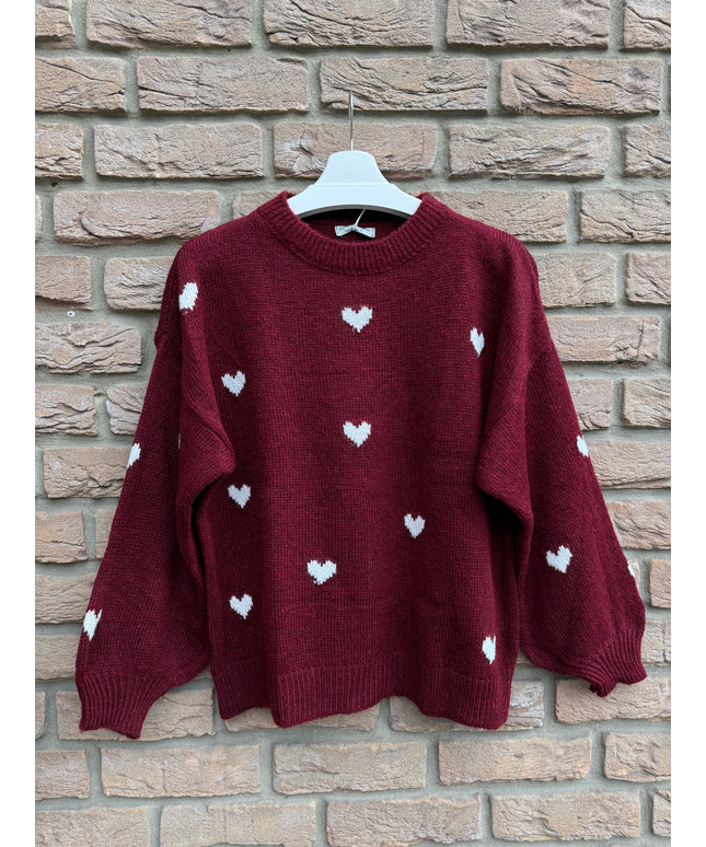 Strickpullover mit Herzmuster | bordeaux