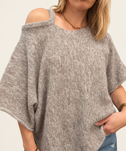 Kurzärmeliger Pullover mit schulterfreiem Schnitt | Taupe