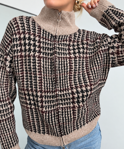 Zip Hahnentritt Strickjacke mit Stehkragen