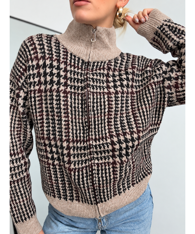 Zip Hahnentritt Strickjacke mit Stehkragen