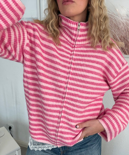 STRIPED FULL ZIP CARDIGAN | pink rosa