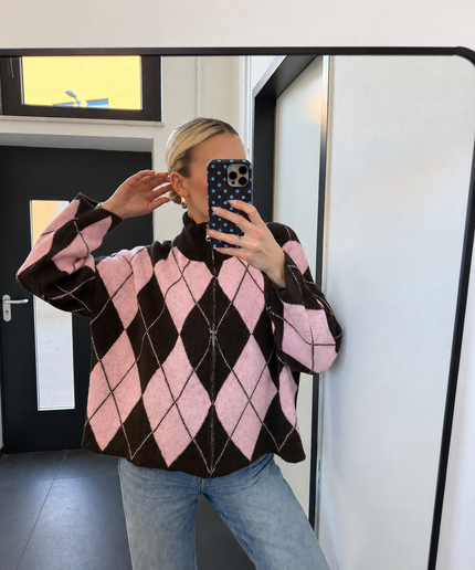 Zip Argyle-Strickjacke | Rosa/Braun