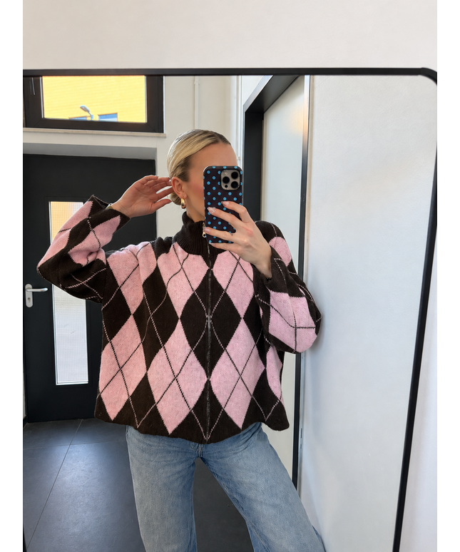 Zip Argyle-Strickjacke | Rosa/Braun