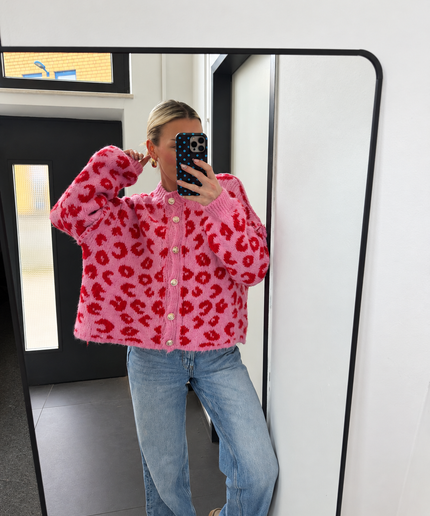 Oversize Leo Strickjacke mit goldenen Knöpfen | Rosa/Pink