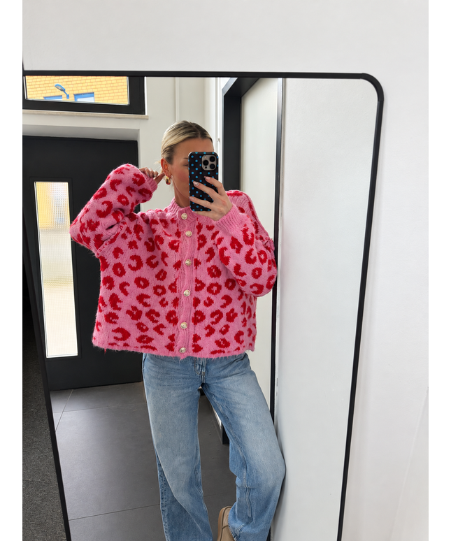 Oversize Leo Strickjacke mit goldenen Knöpfen | Rosa/Pink