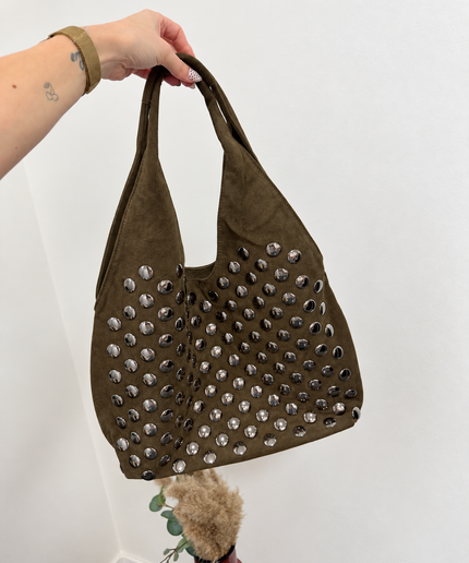 Kelly Shopper Tasche Hobo Bag in Wildleder-Optik mit Nieten | Khaki